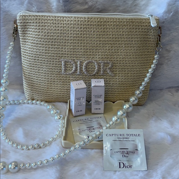 Dior Handbags - Dior Capture Totale Sample Set with Tan Woven Clutch with Pearl Crossbody Strap